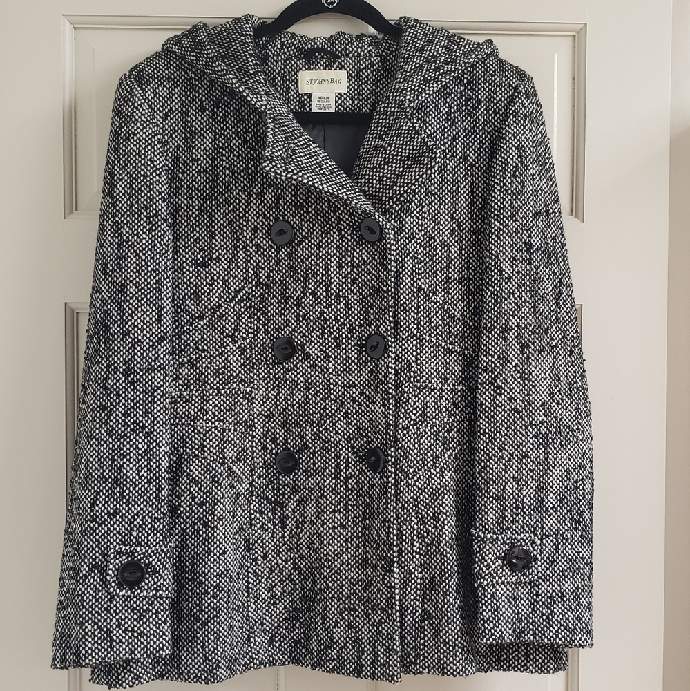 St John's Bay Tweed Pea Coat, Black and White, Size Medium